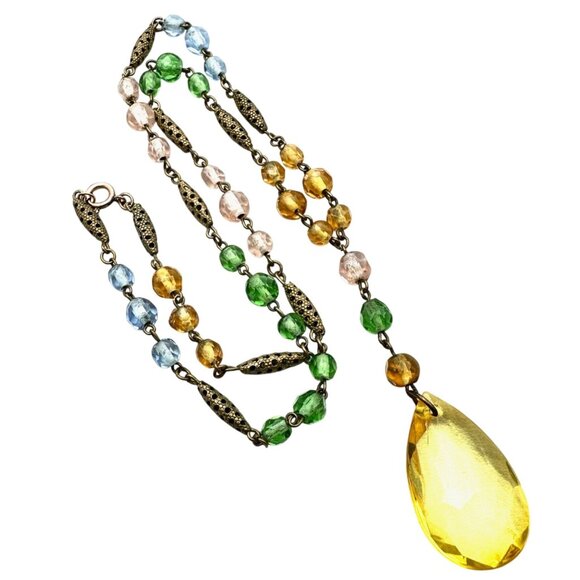Antique Czech Art Deco Pastel Glass Pendant Necklace Antiqued Gold 22" - Picture 1 of 4